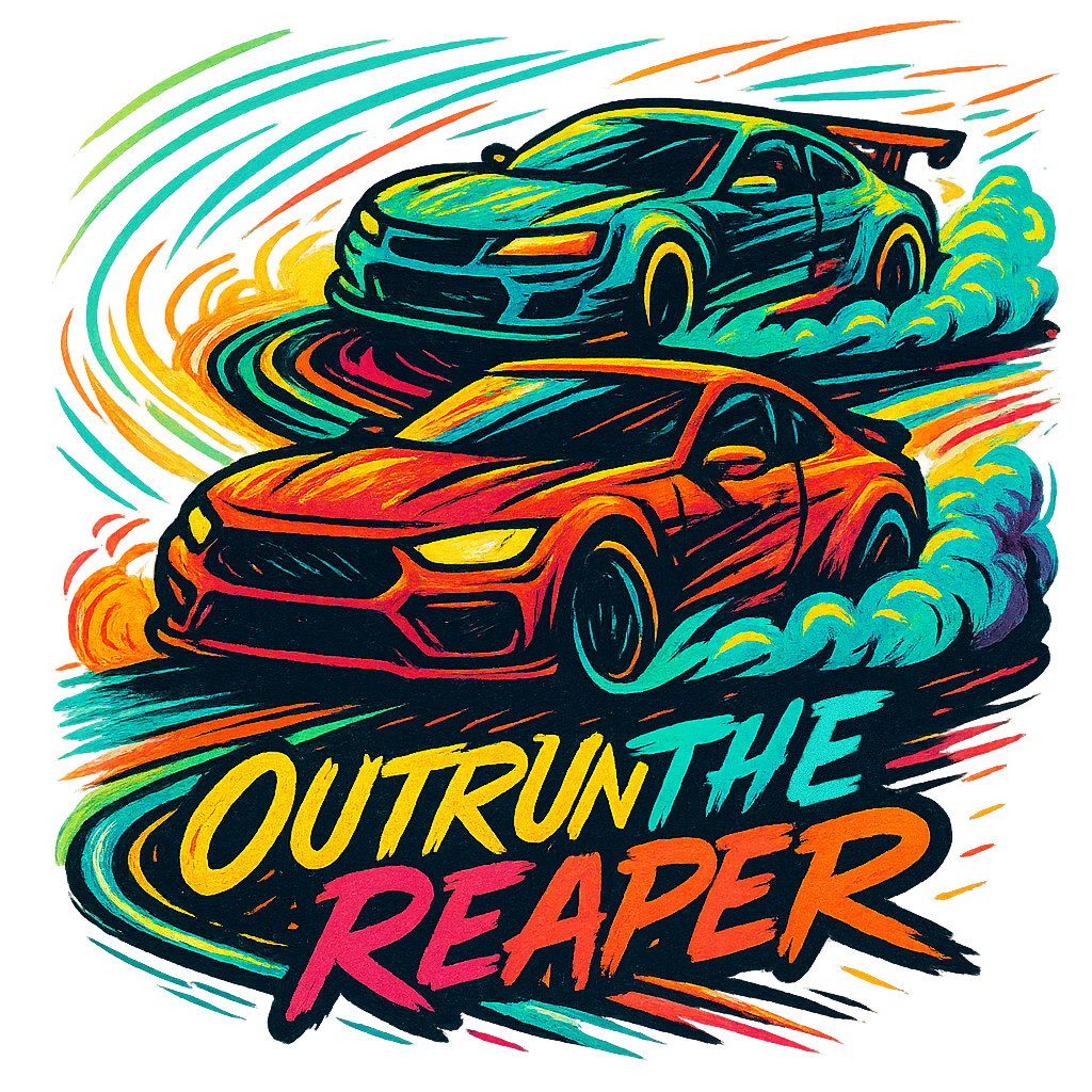 Dynamic racing artwork with bold typography